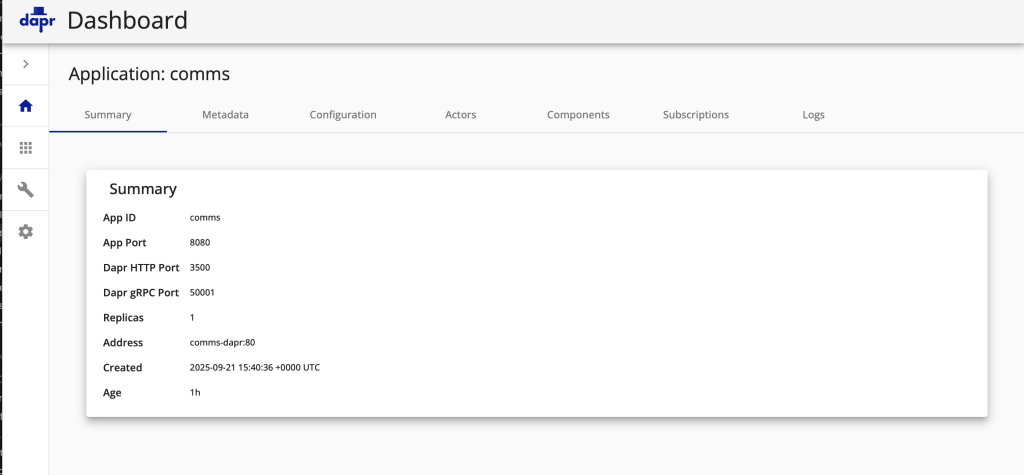 Dapr service summary dashboard showing detailed metrics and configuration for the Comms microservice