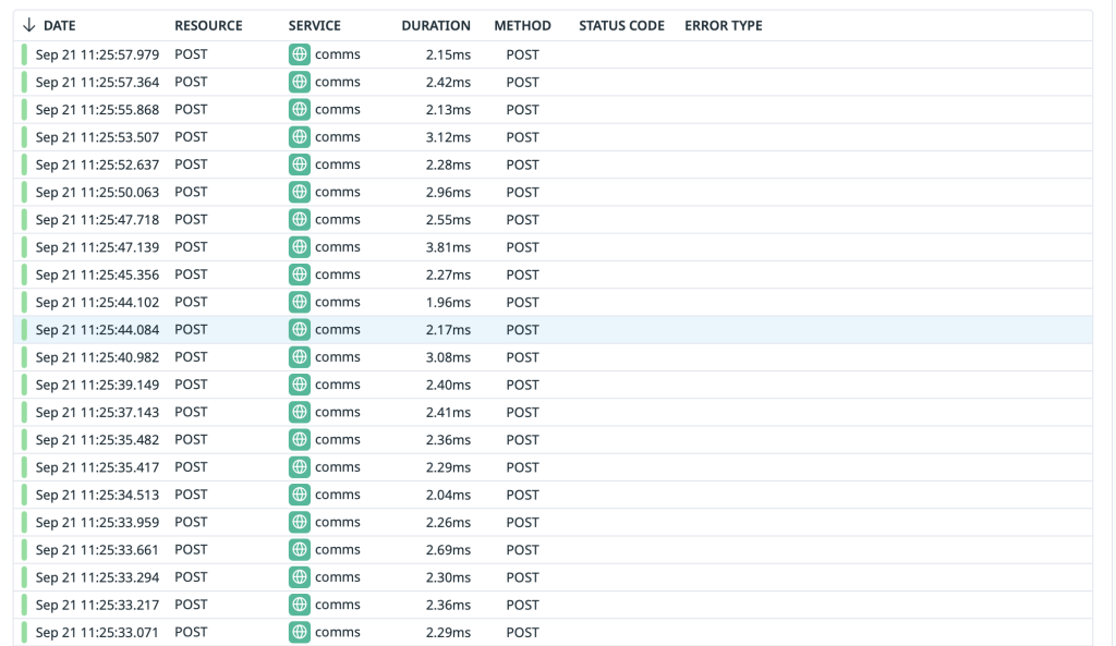 Datadog trace list showing all distributed traces with timing and status information